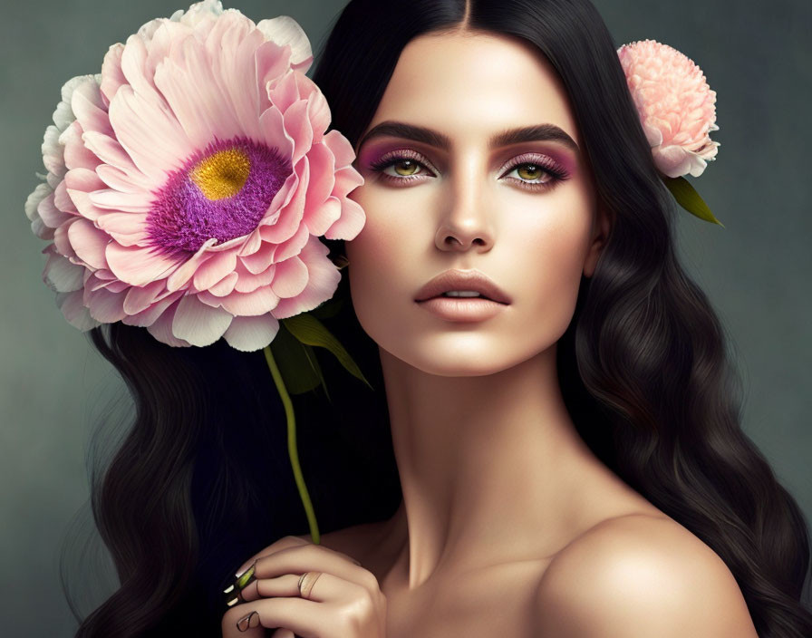 Dark-haired woman with vibrant makeup holding pink peony, adorned with matching flowers in hair.