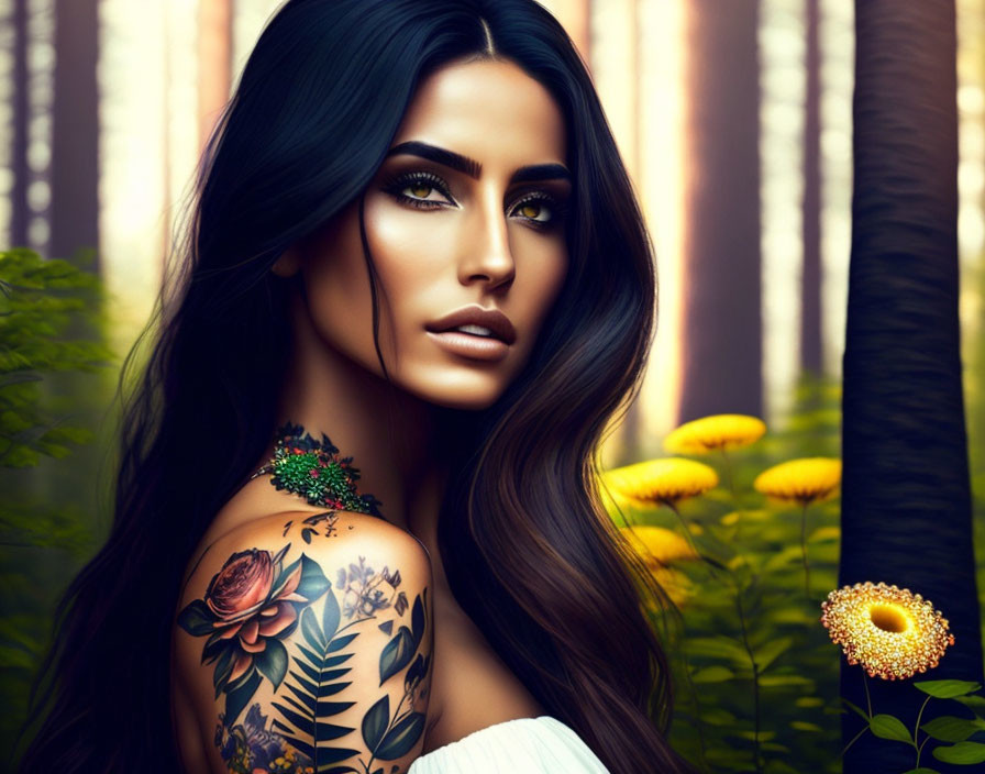 Dark-haired woman with floral tattoos in sunlit nature