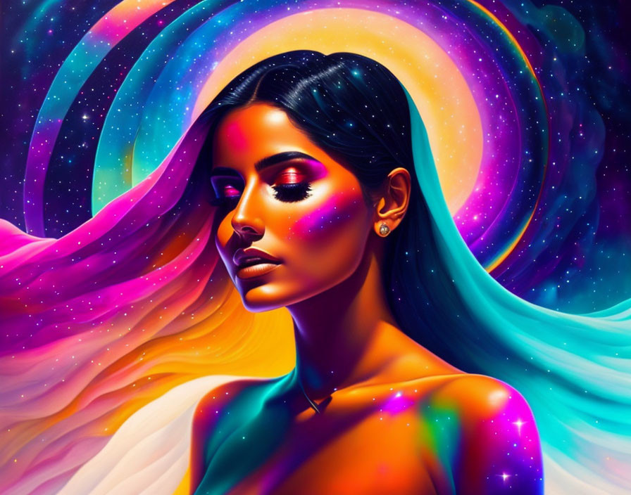 Colorful Cosmic Digital Portrait of a Woman with Pink, Purple, and Blue Background