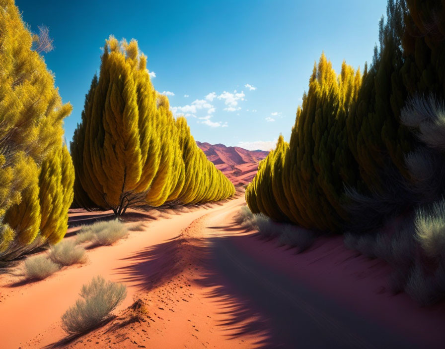 Golden-yellow trees in vibrant desert landscape with red mountains and clear blue sky