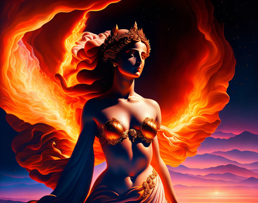 Majestic goddess with fiery hair in regal attire against twilight sky