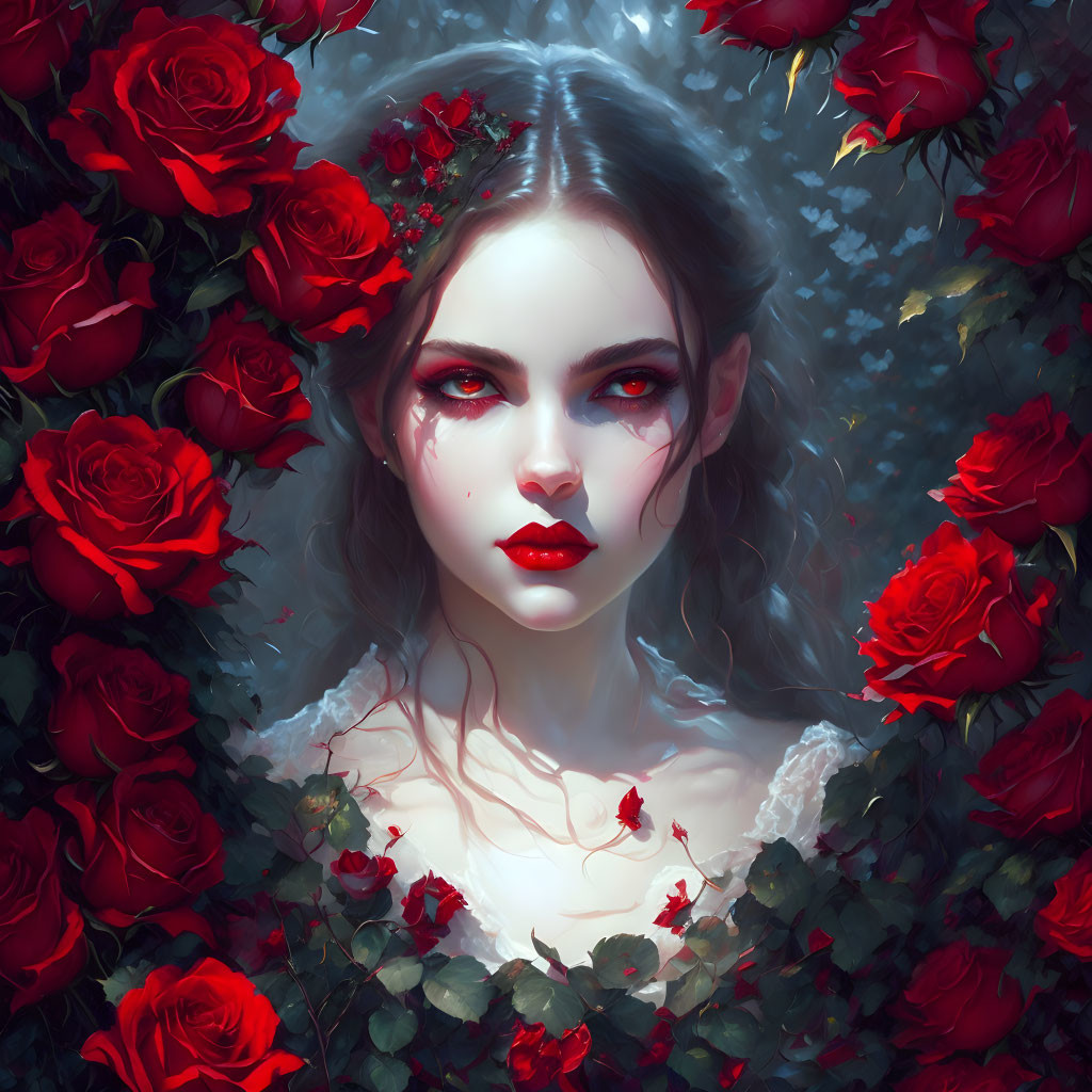 Pale-skinned woman with red lips and eyes in digital art surrounded by red roses, emitting a mystical