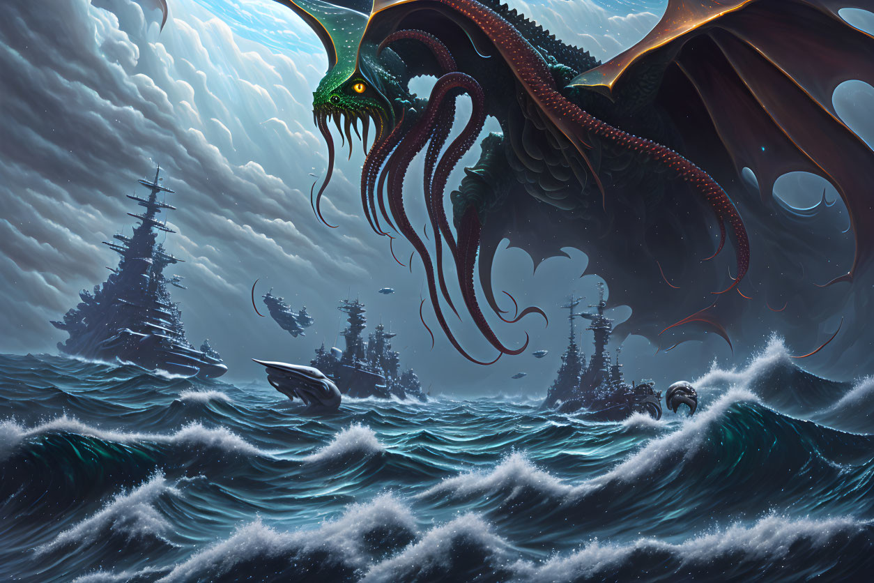 Gigantic dragon rises from stormy seas with sailing ships.