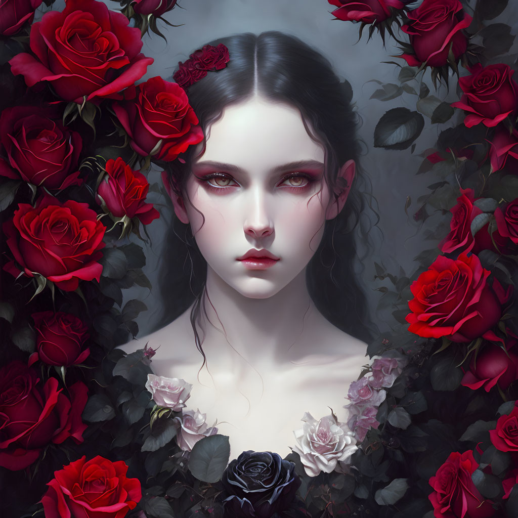 Pale woman with dark hair and red eyes among red roses on moody backdrop