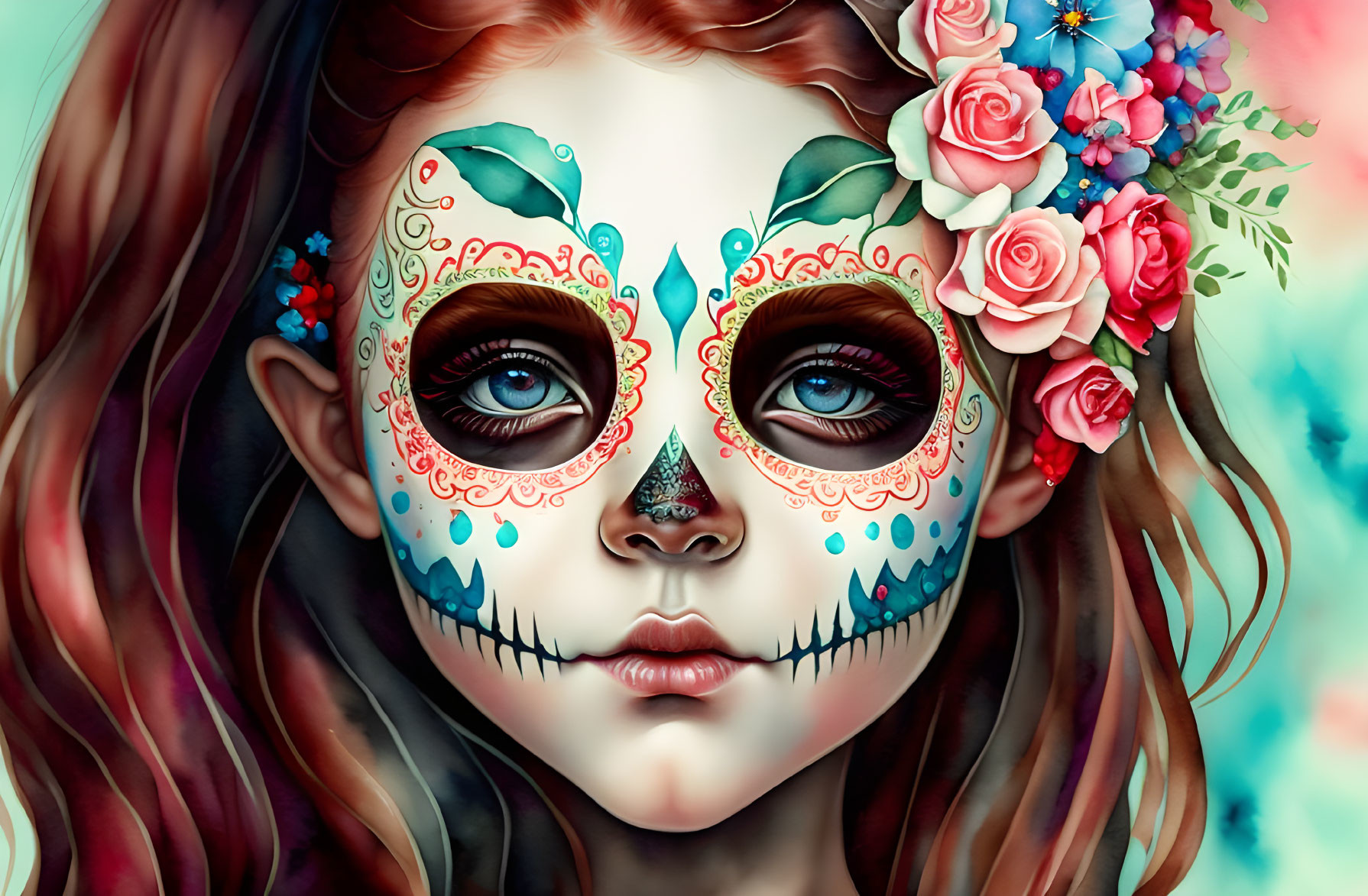 Colorful Dia de los Muertos makeup on a girl with floral hair decorations