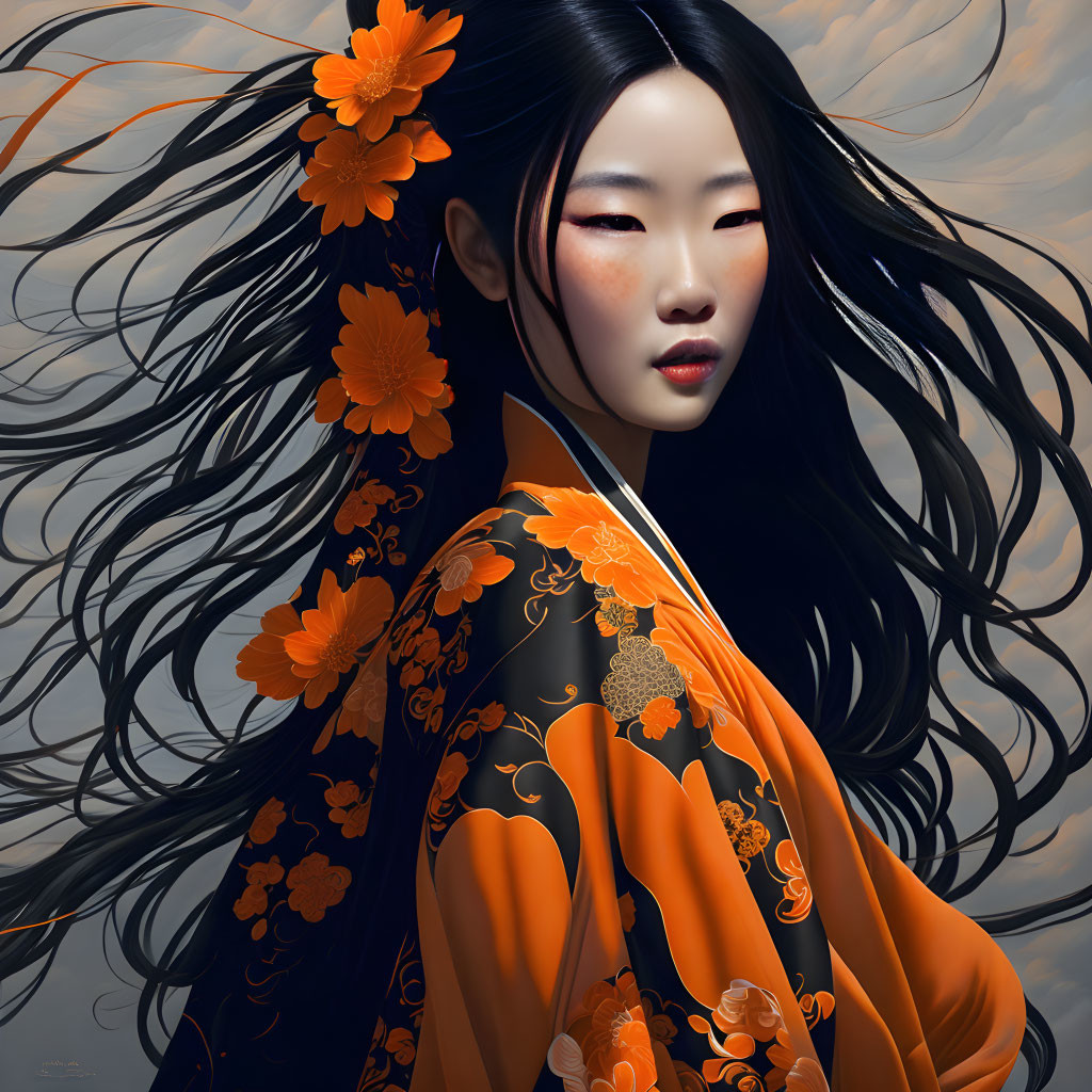 Woman with flowing black hair in orange floral kimono against cloudy sky