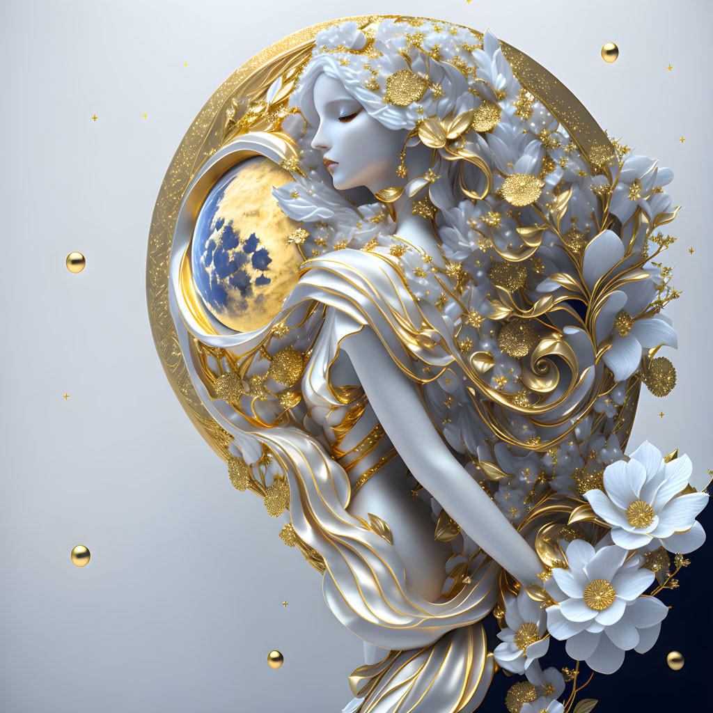 Ethereal figure with golden floral elements and crescent moon.