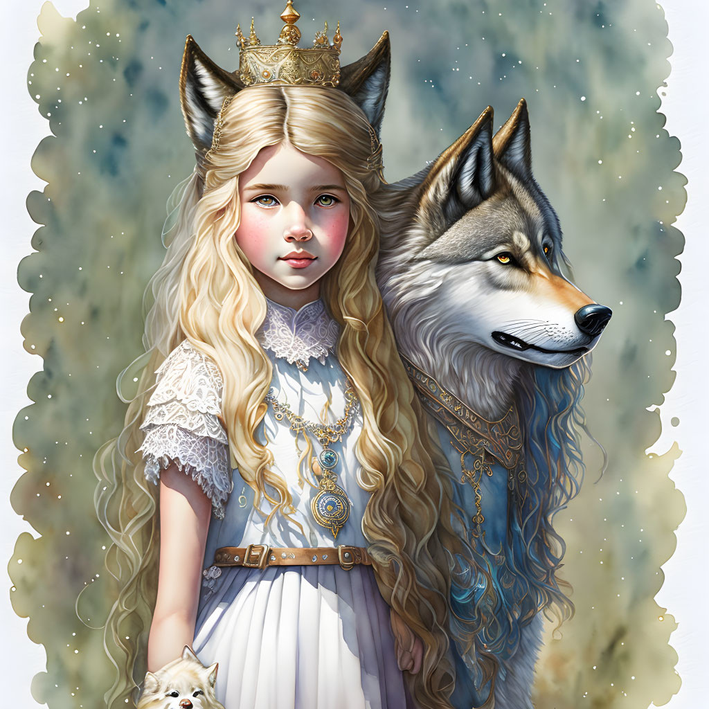 Young girl and majestic wolf with crowns in regal setting