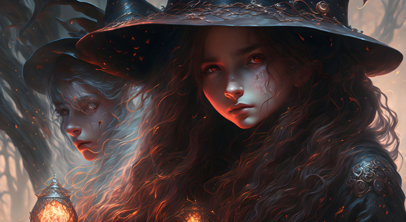 Detailed portrait of a young witch with glowing lantern and ghostly figure