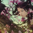 Ethereal women with floral wreaths blend into blooming tree