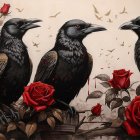 Detailed Ravens Among Red Roses in Cloudy Sky