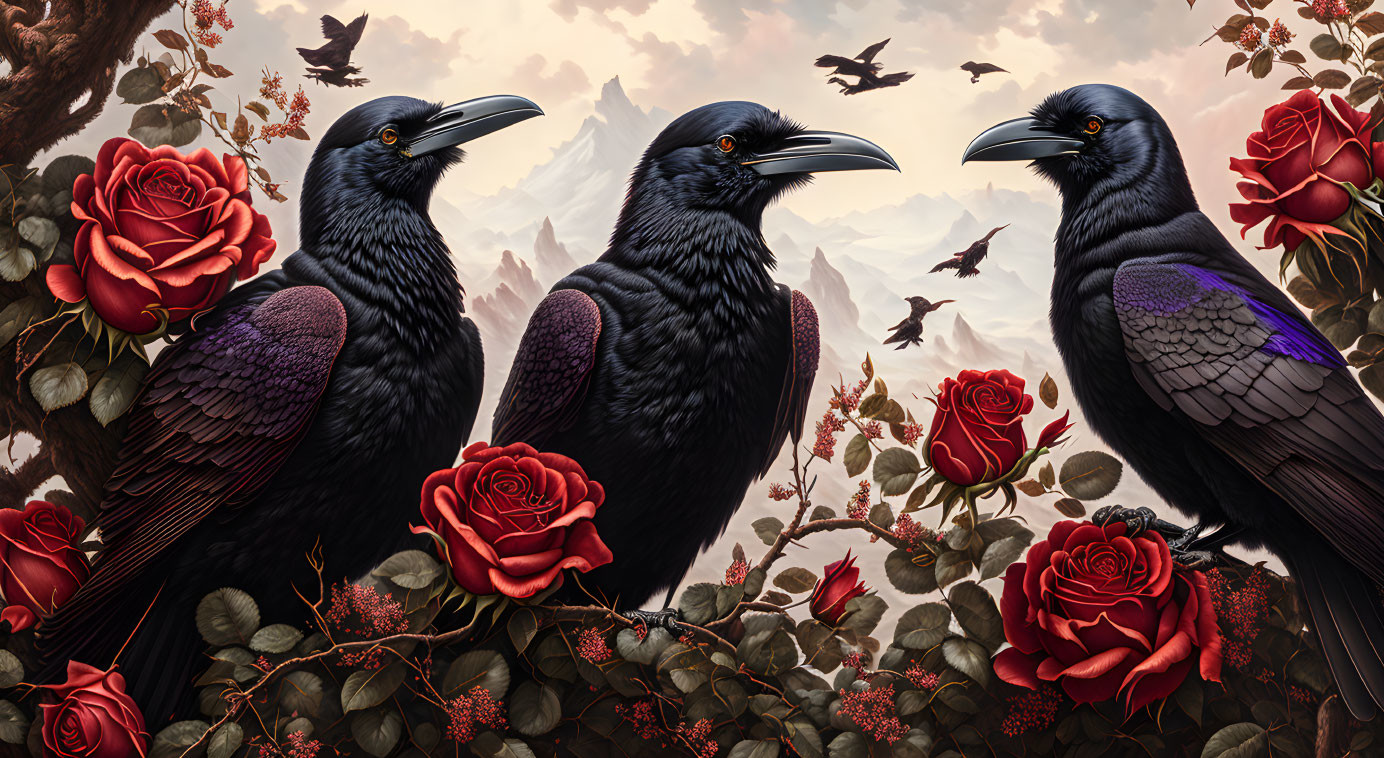 Detailed Ravens Among Red Roses in Cloudy Sky