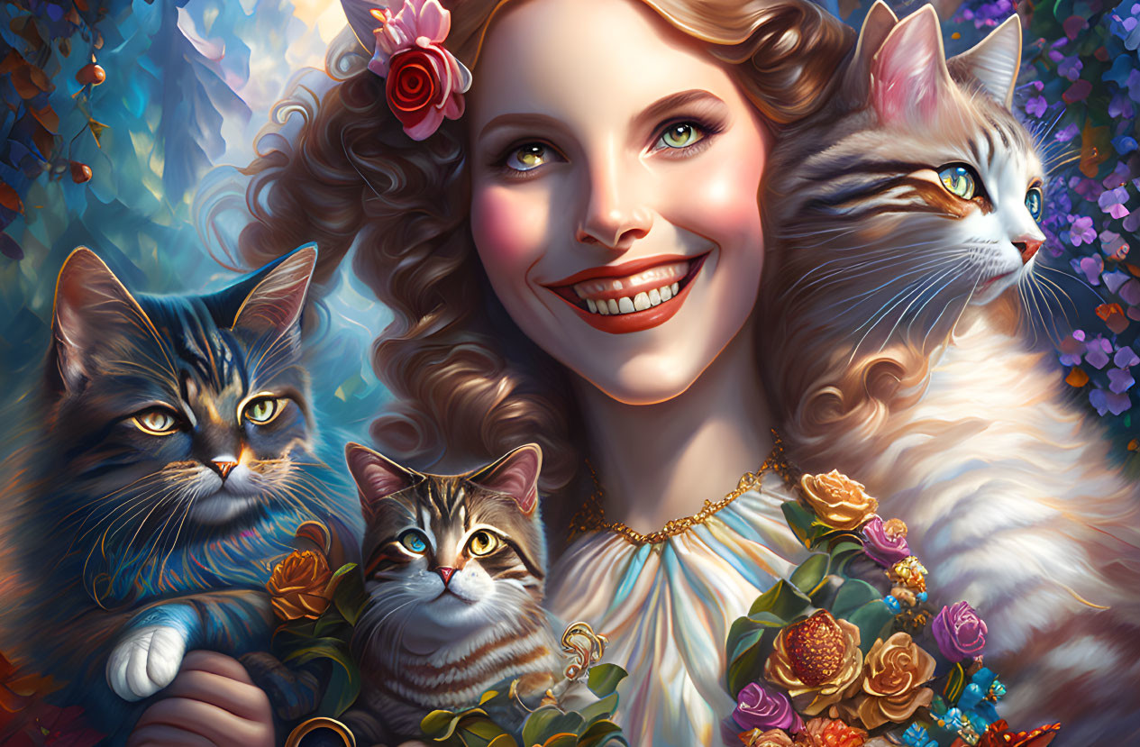 Colorful Fantasy Portrait of Smiling Woman with Cats