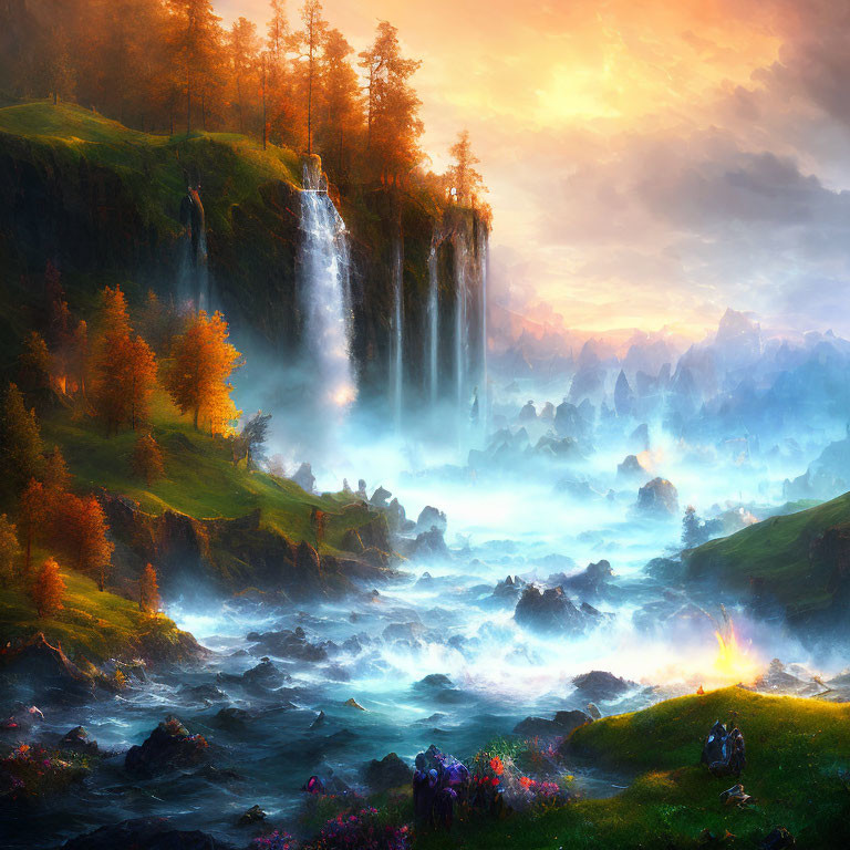 Majestic landscape with waterfalls, misty rivers, greenery, autumn trees, glowing sunset