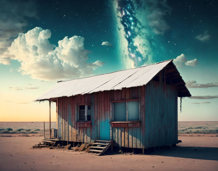 Rustic wooden house in barren desert with aurora-filled sky