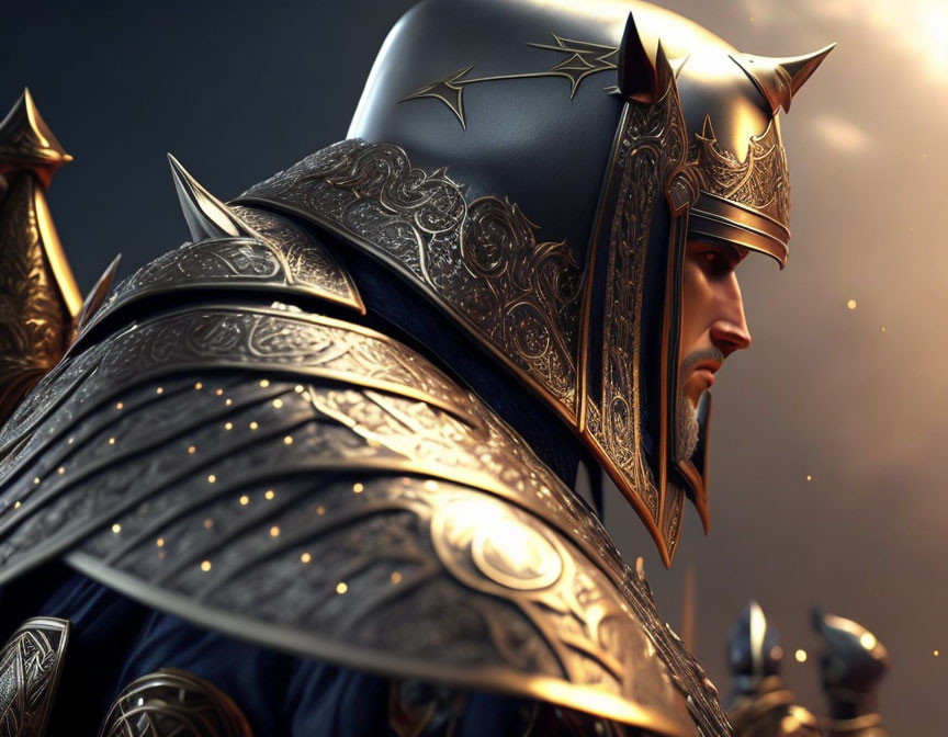 Detailed illustration: Knight in ornate metallic armor with embellished helmet on soft-lit background