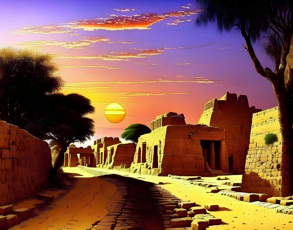 Ancient Egyptian street digital artwork at sunset