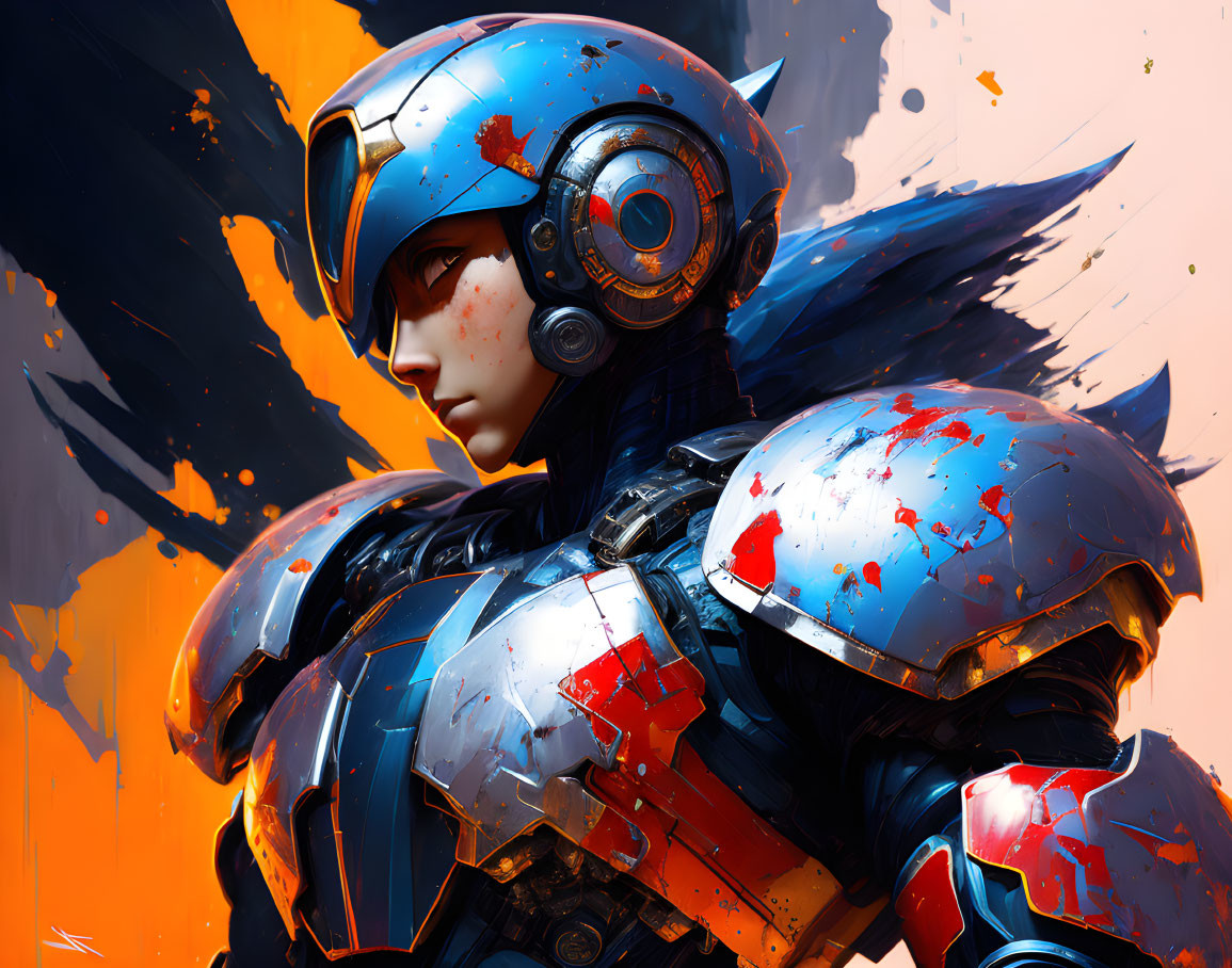 Futuristic armor illustration with blue visor and feather-like embellishments