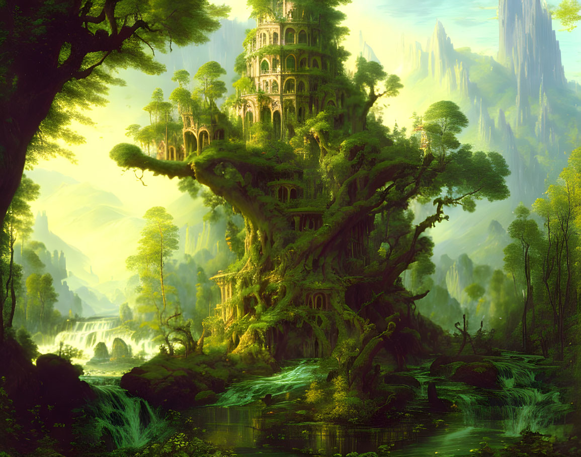 Majestic tree with ancient structure in lush forest