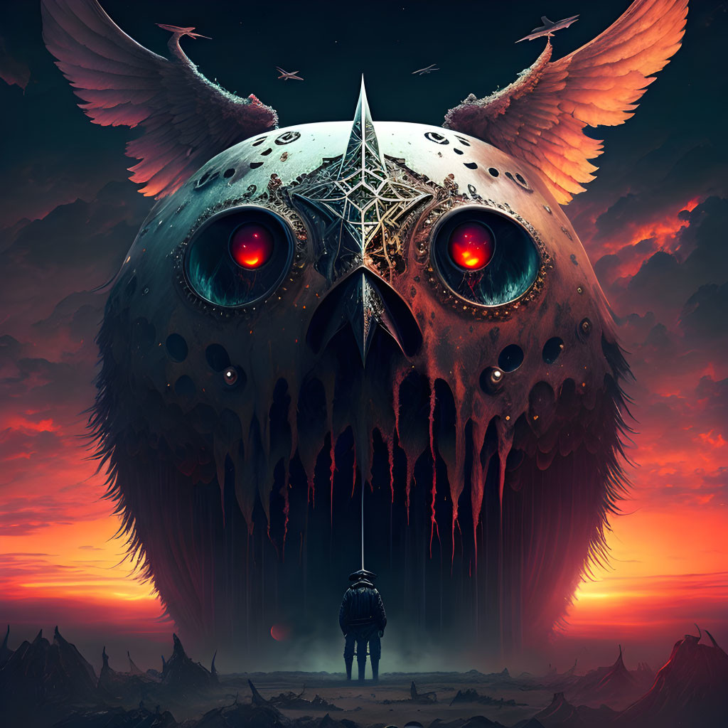 Surreal artwork: person facing massive owl with red glowing eyes