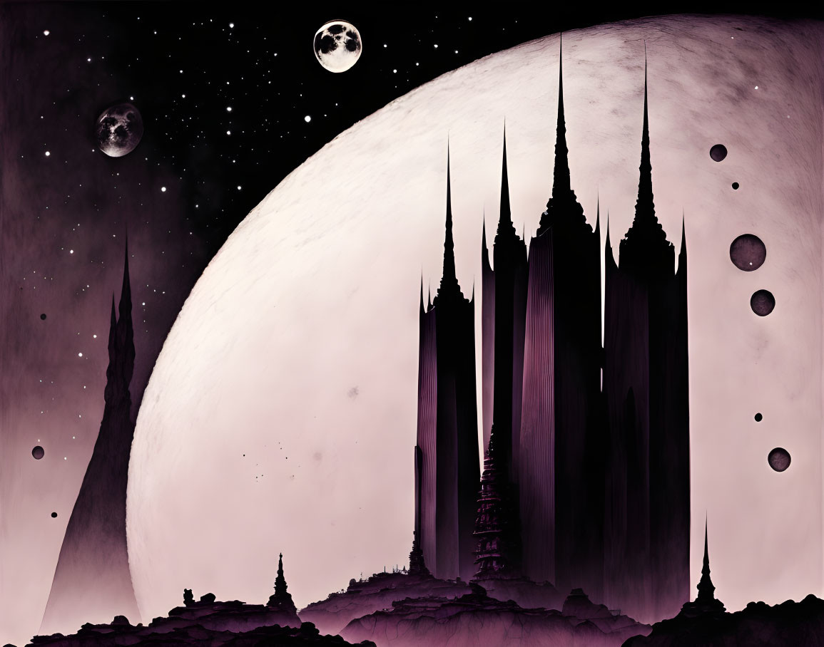 Monochromatic surreal landscape with celestial spires and multiple moons