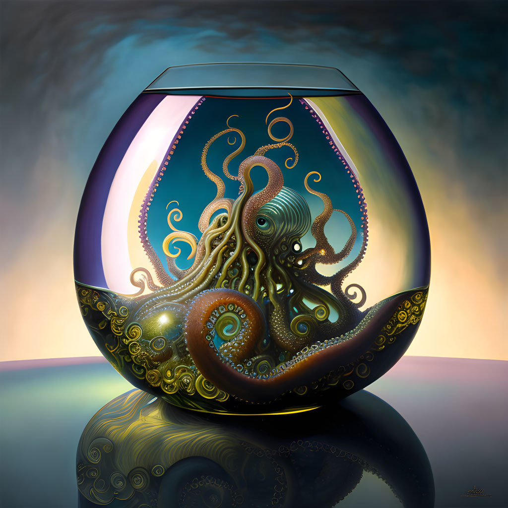 Colorful octopus painting in spherical aquarium with surreal design