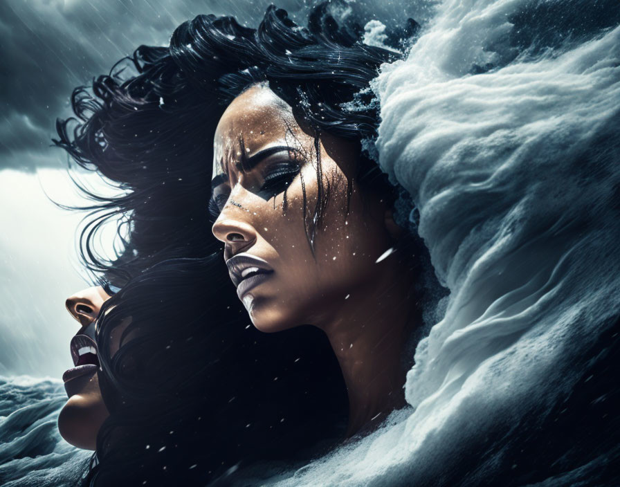 Dramatic image of woman with dark hair and makeup in water with splashing waves