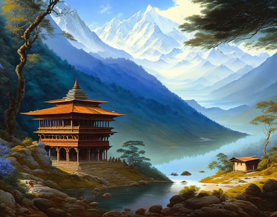 Tranquil Asian landscape with pagoda, river, mountains, and greenery