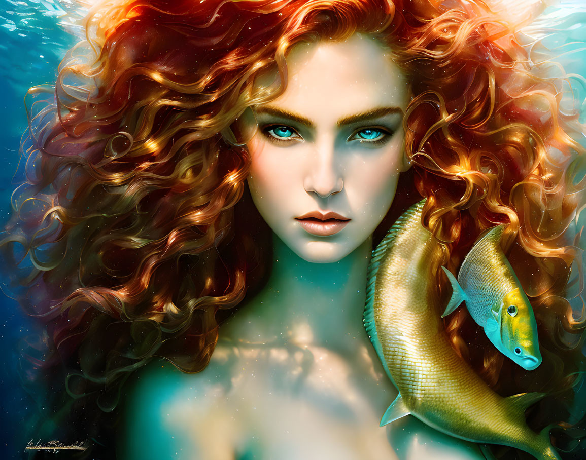 Vibrant artwork: Woman underwater with red hair, blue eyes, holding golden fish