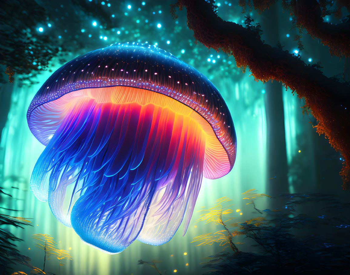 Vibrant Blue and Pink Oversized Jellyfish in Mystical Underwater Forest