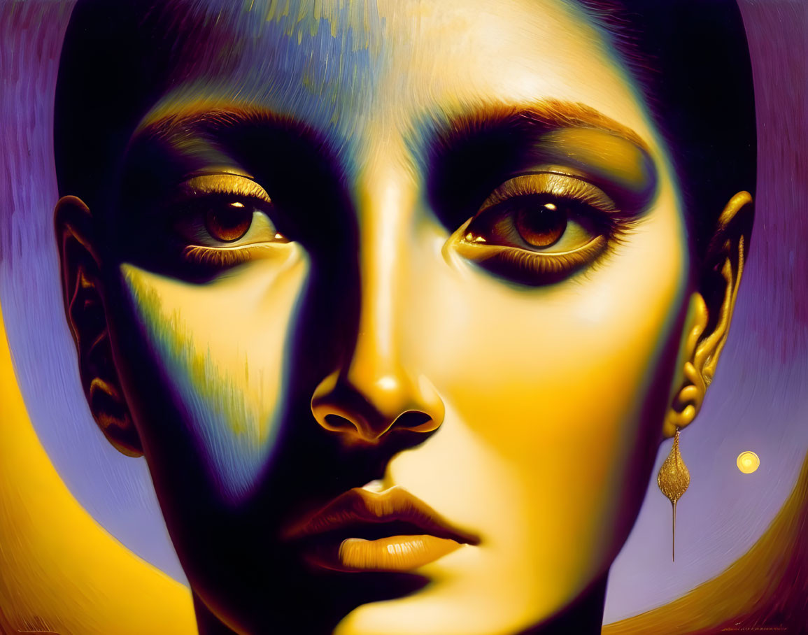 Symmetrical face portrait in vibrant yellow to purple hues with a single earring.