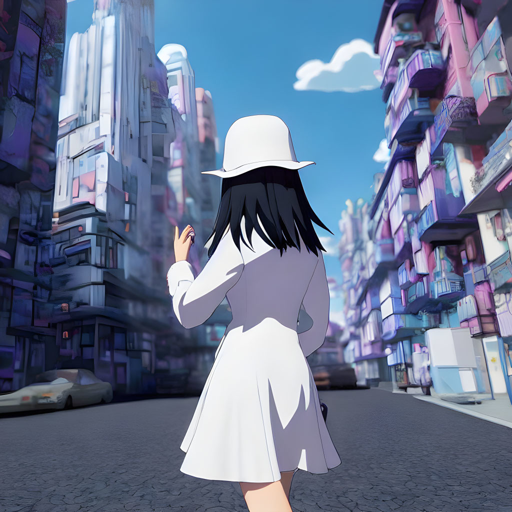 Black-haired person in white outfit and hat against colorful futuristic cityscape.