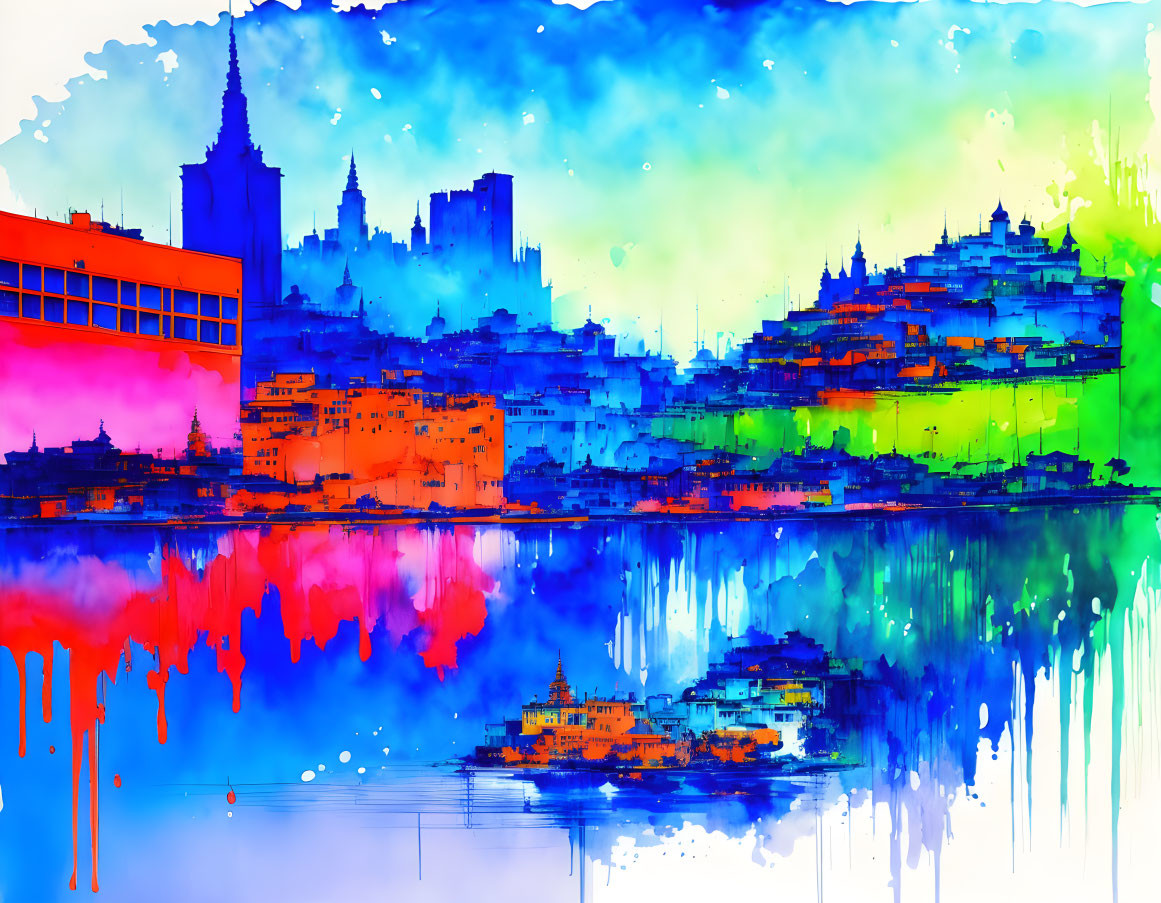 Abstract Cityscape with Vibrant Dripping Paint Effect