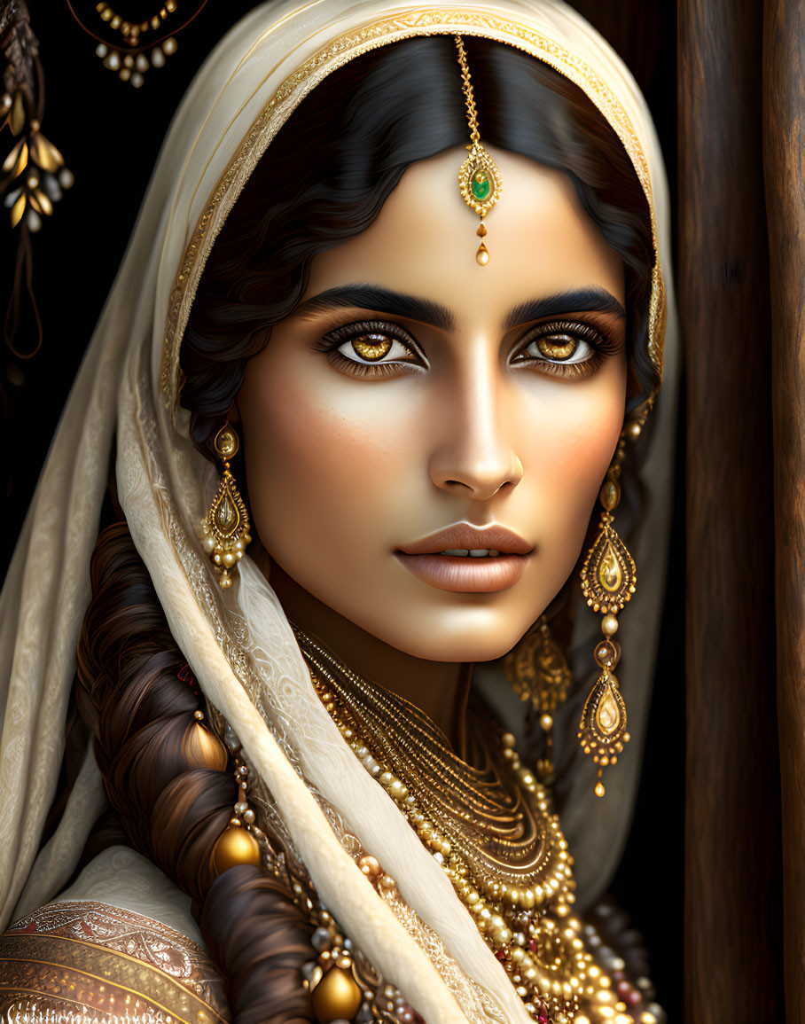 Dark-haired woman in gold jewelry and white headscarf with embellishments gazes intently