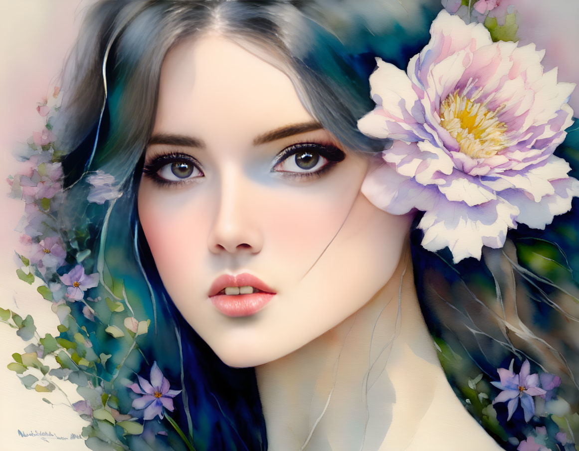 Digital Painting: Woman with Blue Eyes Surrounded by Pink Flowers