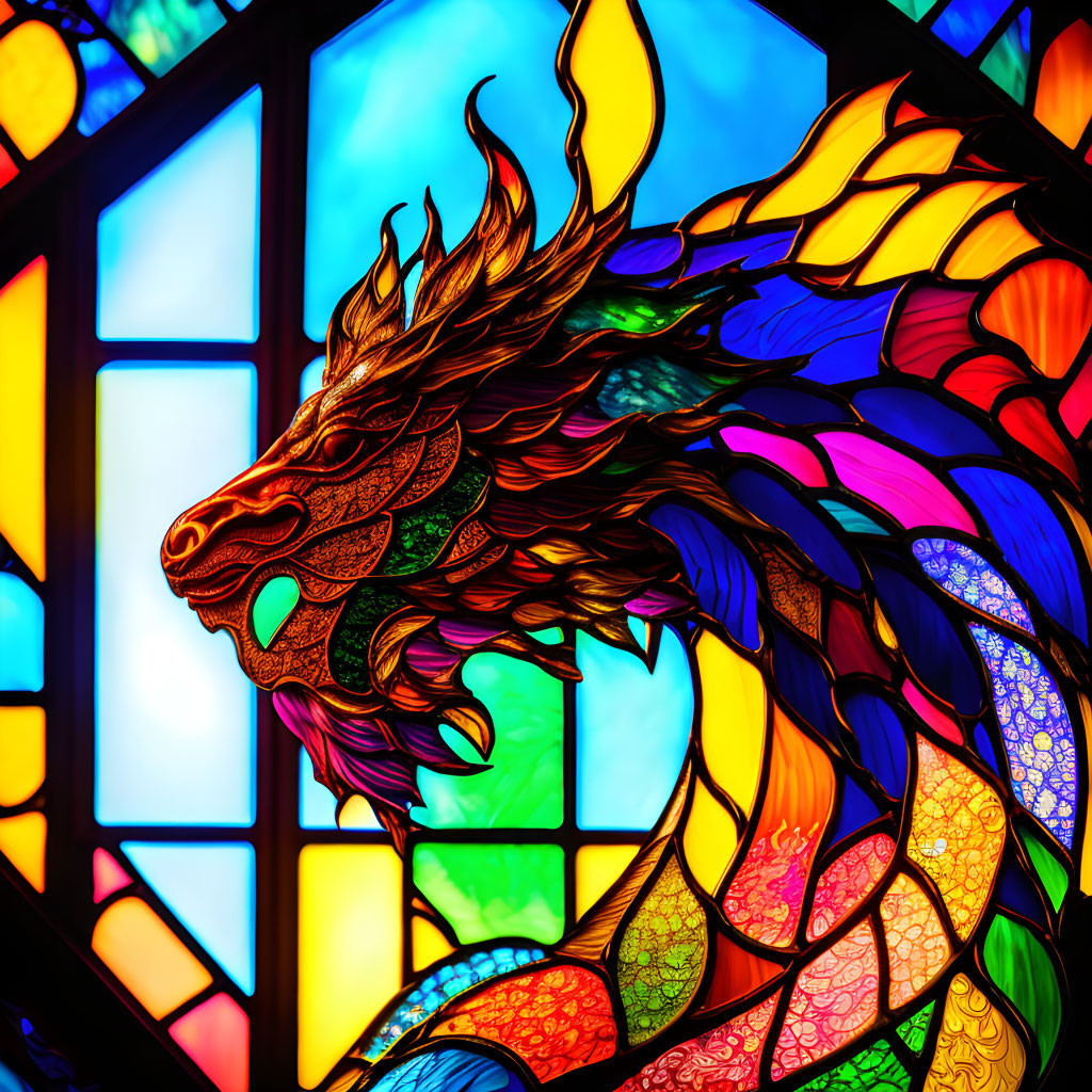 Multicolored Dragon Stained Glass Window with Intricate Designs