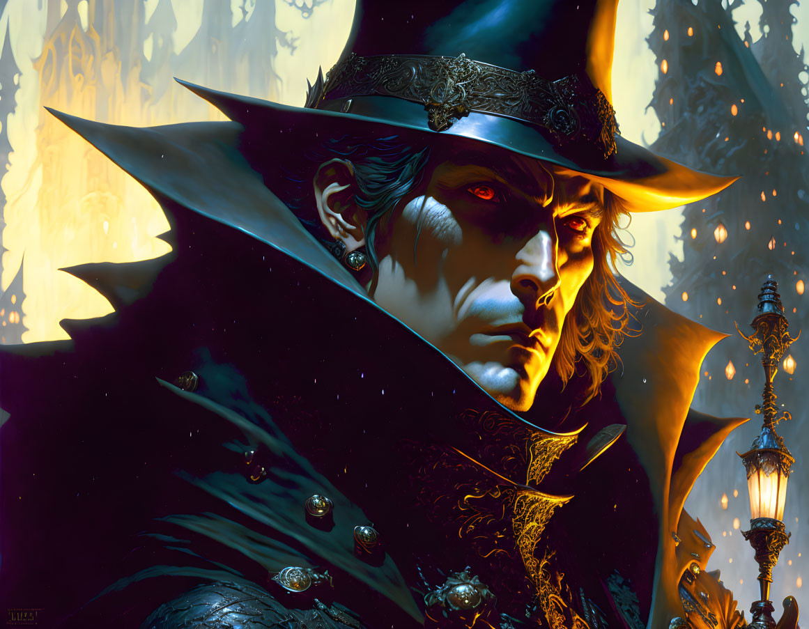 Brooding aristocratic figure in black hat and coat with mystical forest backdrop