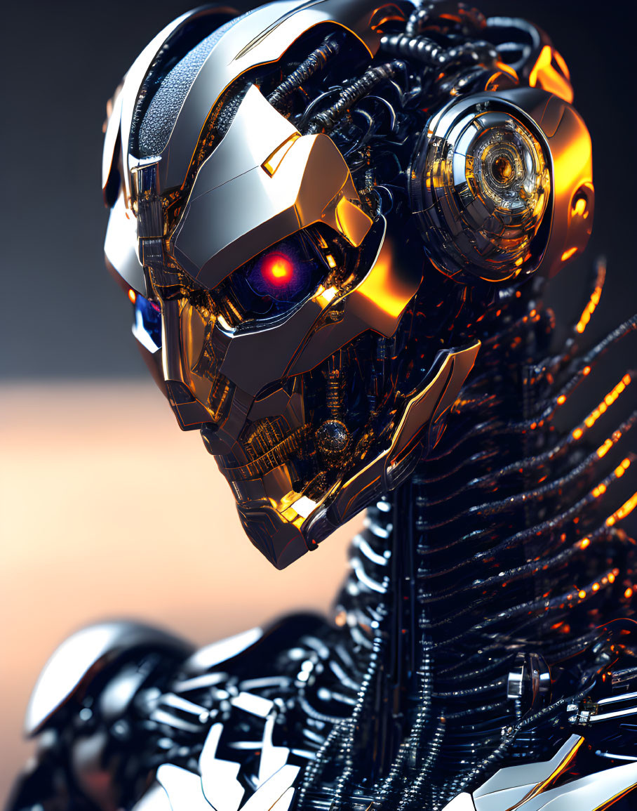 Detailed close-up of metallic robot head with glowing red eyes