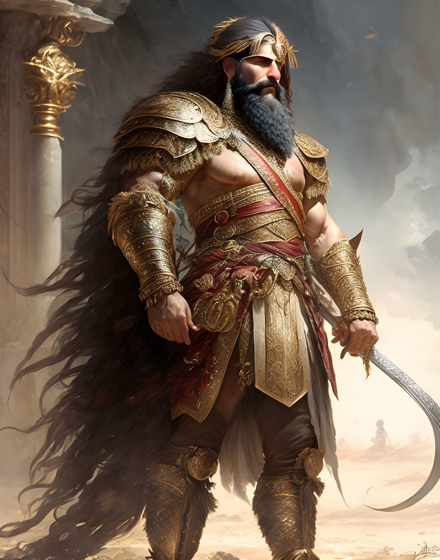 Regal warrior in opulent armor with fur cloak and sword in war-torn setting