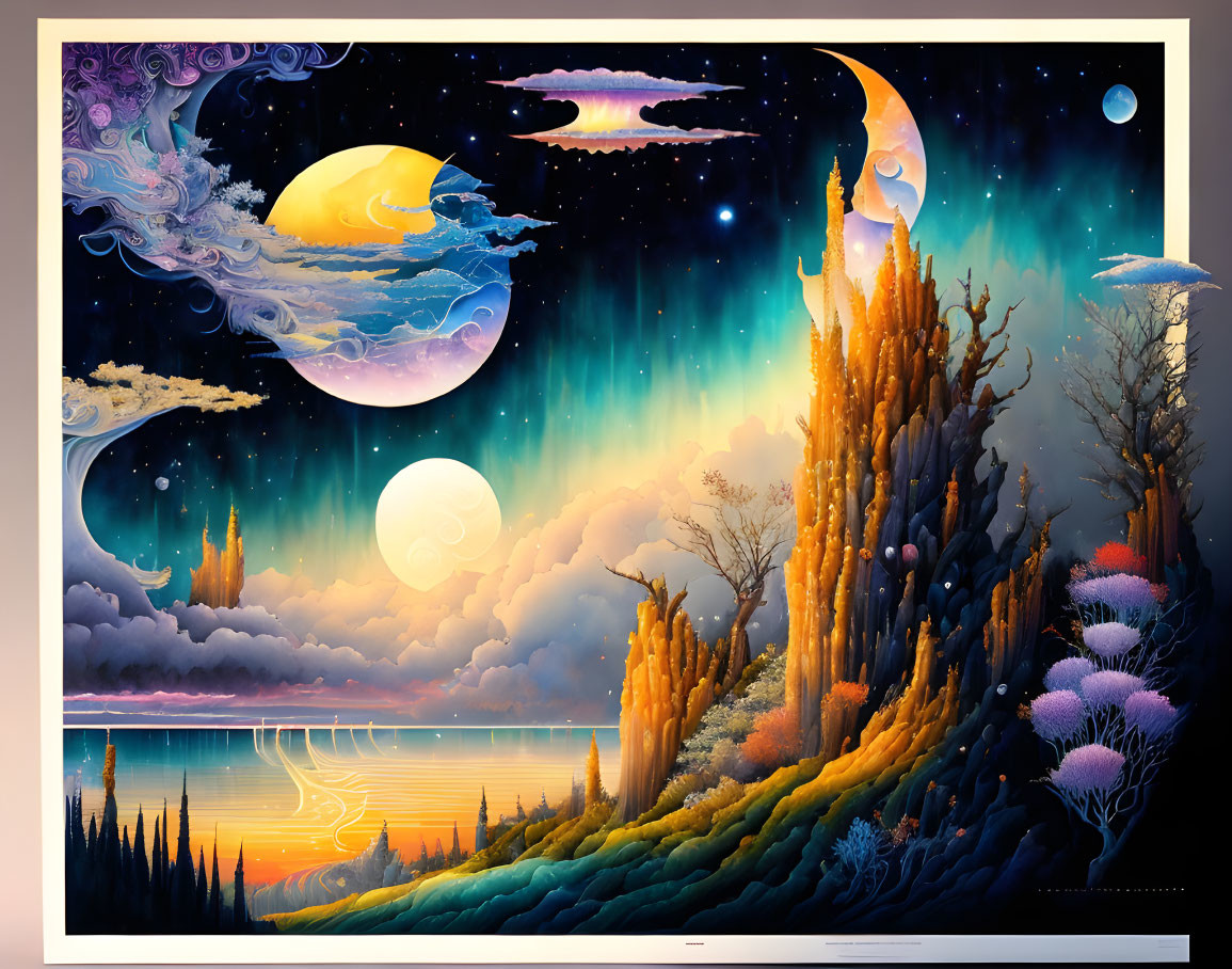 Colorful Fantasy Landscape: Towering Cliffs, Multiple Moons, Celestial Sea