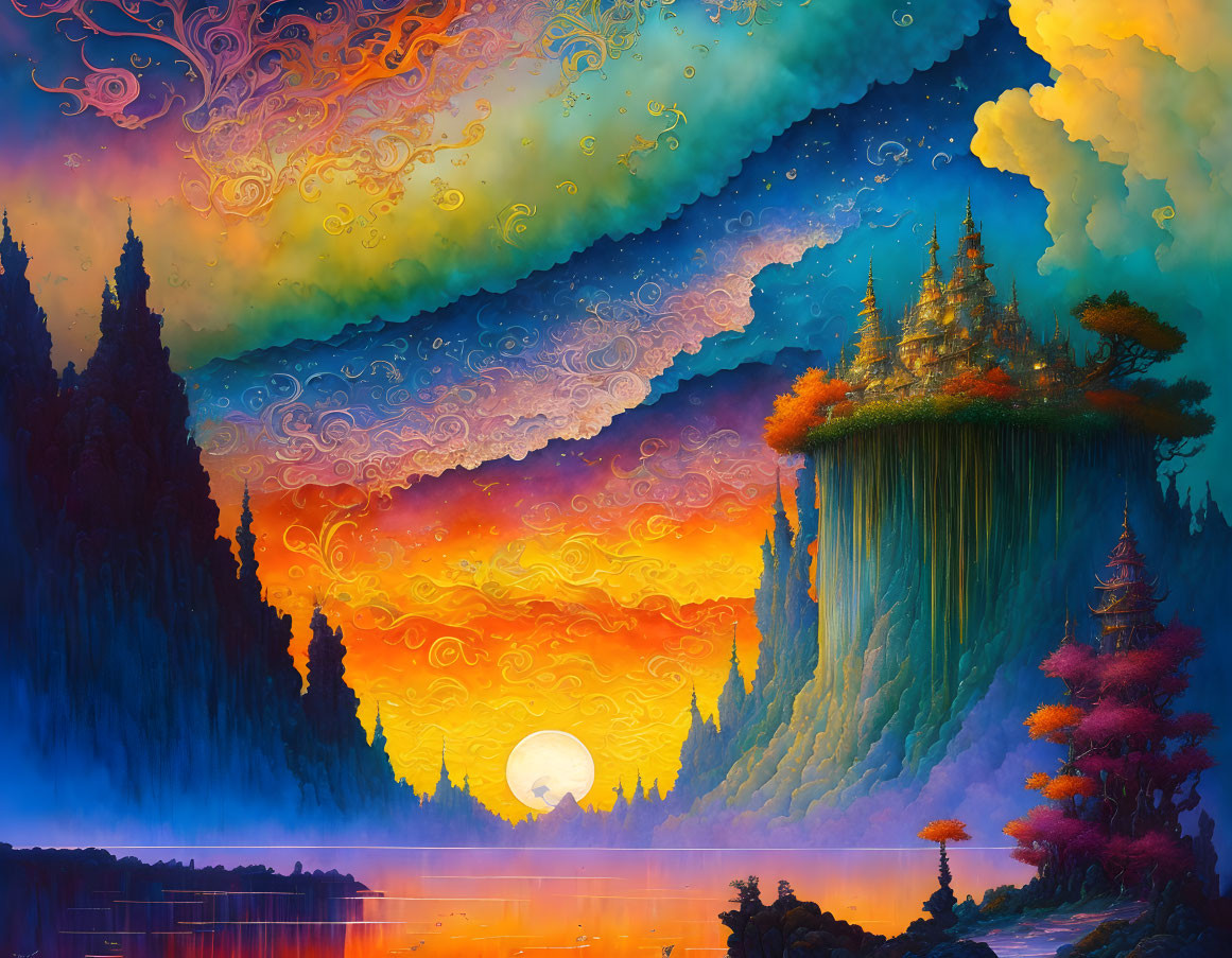 Fantastical landscape with floating island, waterfalls, temple, sunset sky