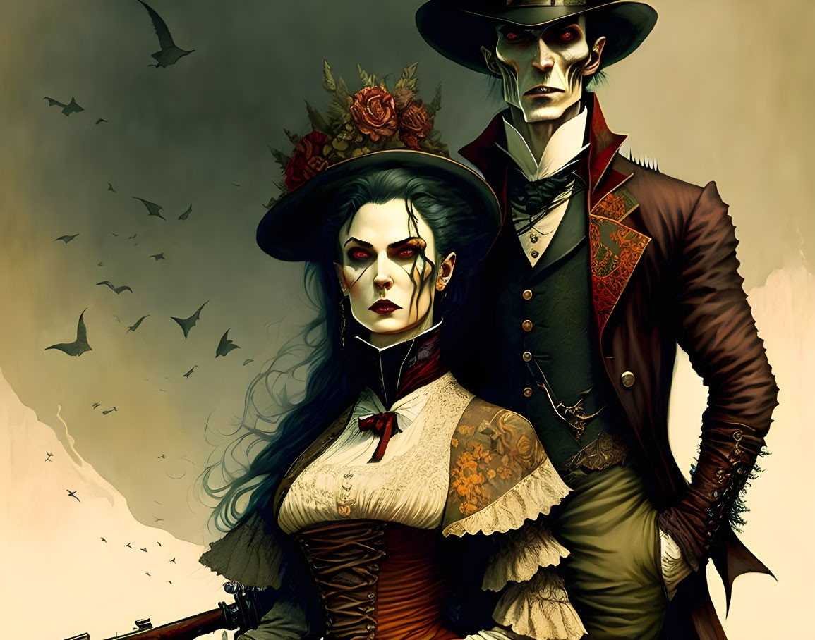 Victorian Gothic vampire couple illustration with flying bats