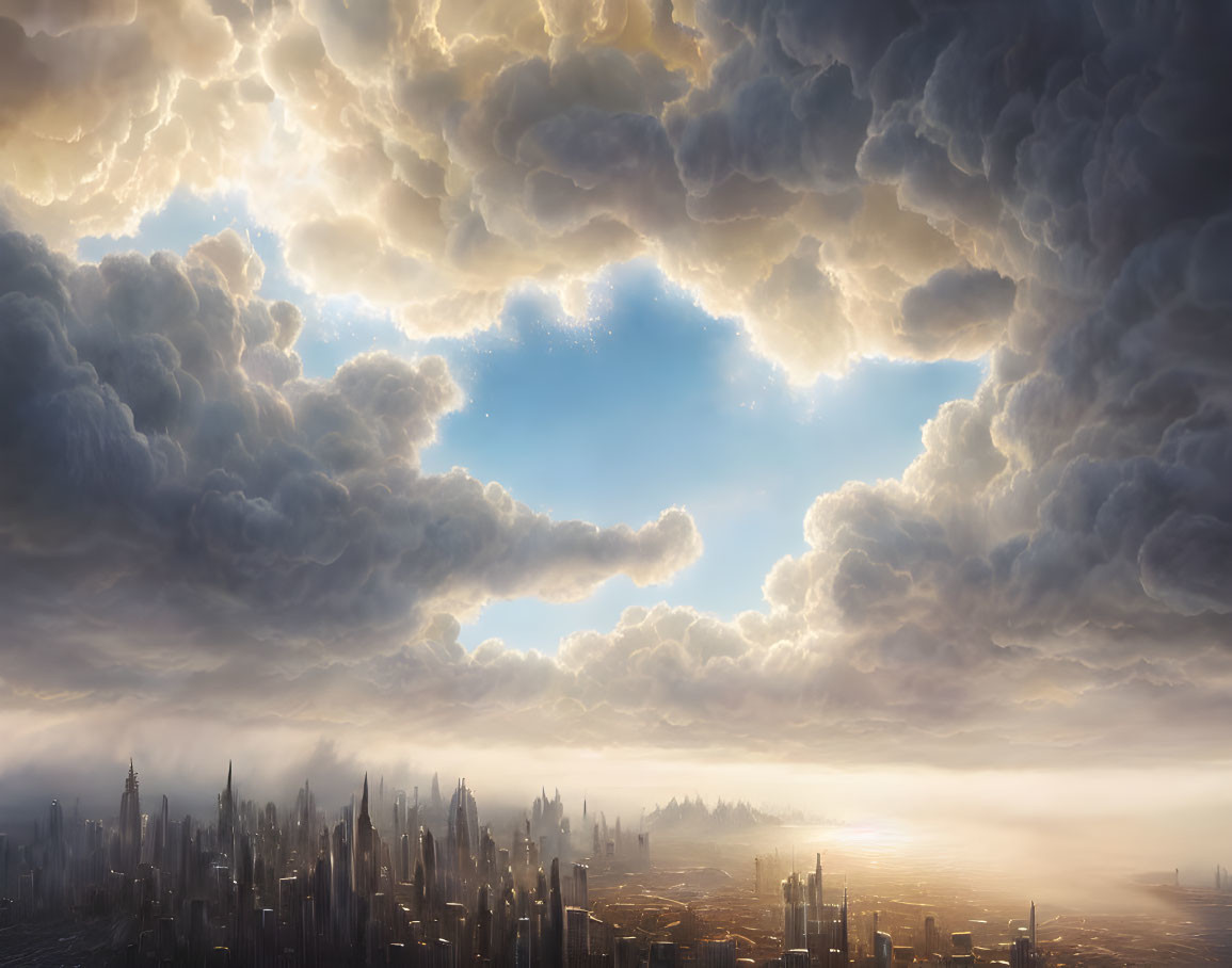 Dramatic sunset over futuristic cityscape