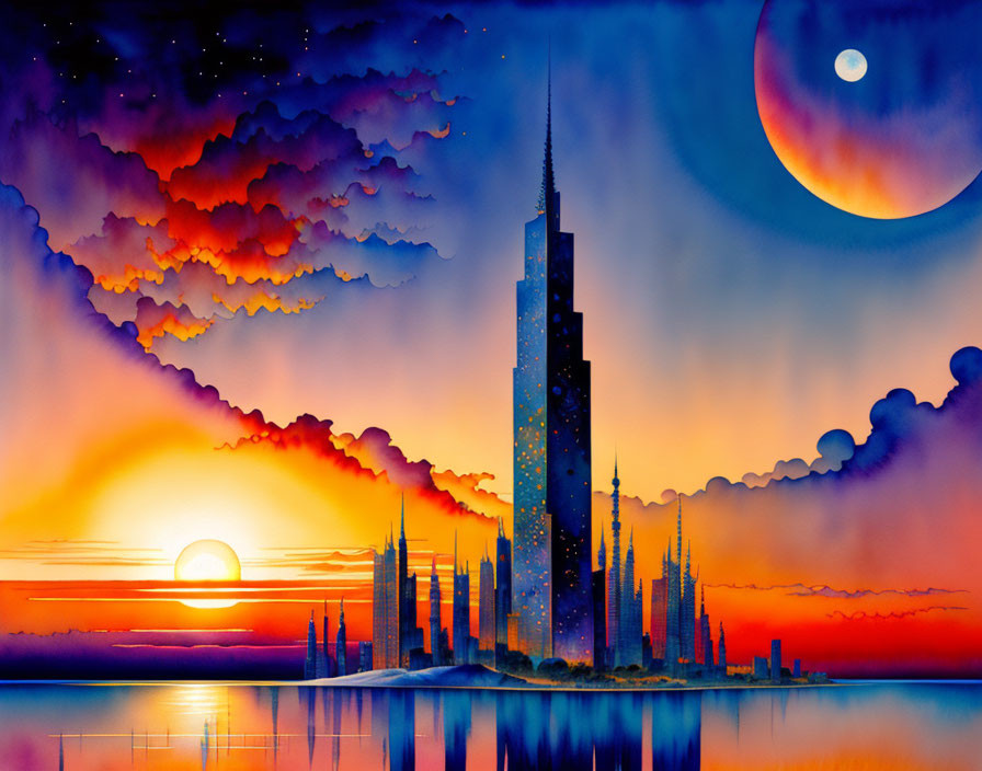 Futuristic cityscape illustration with spires, sun, moon, and transitioning sky