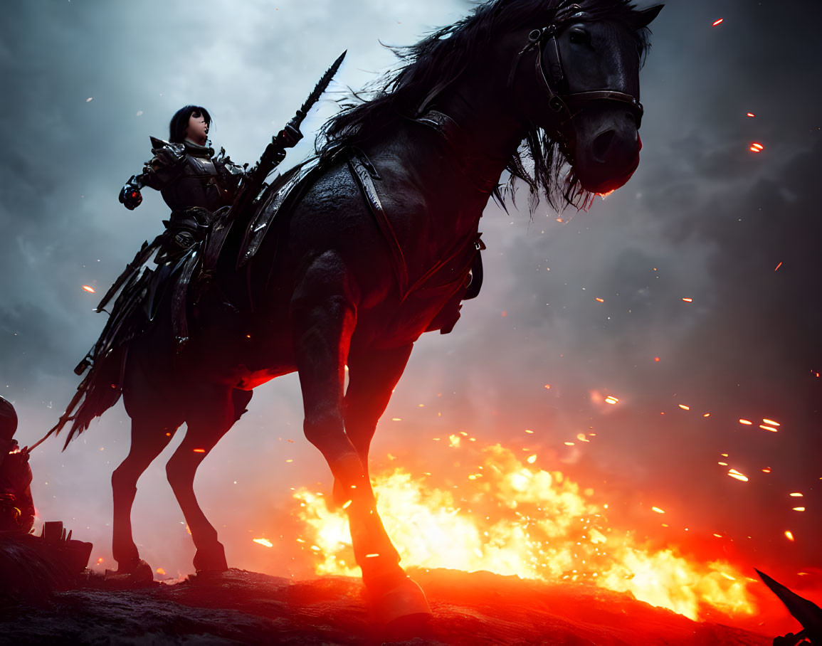 Warrior woman on black horse in fiery battlefield landscape