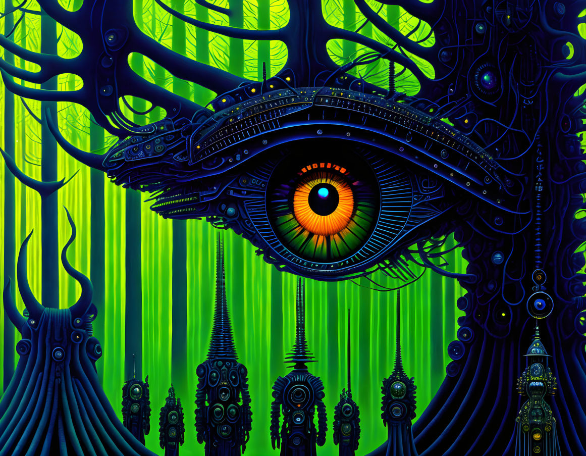 Colorful surreal artwork with detailed mechanical eye and abstract structures