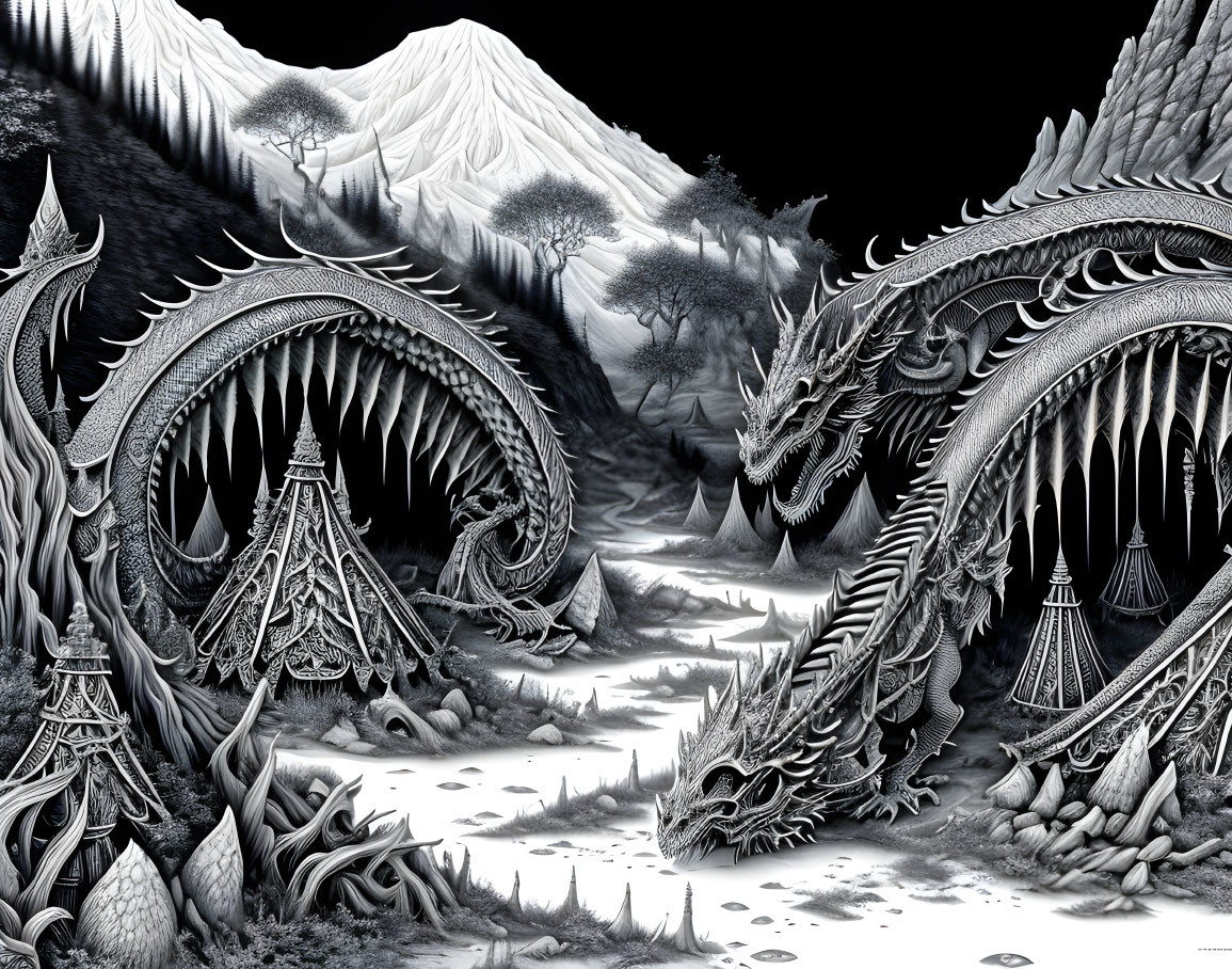 Detailed Monochromatic Dragon Illustration with Snowy Mountain Landscape