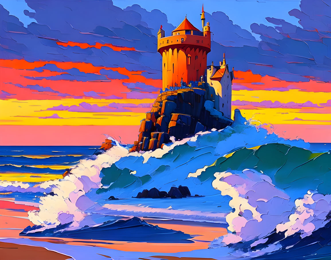 Illustration of vibrant castle on rocky cliff with stormy waves and sunset sky