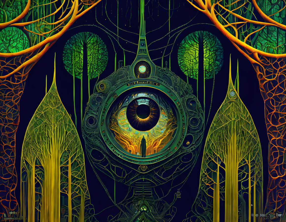 Fantasy artwork with central eye motif and tree-like structures on dark background