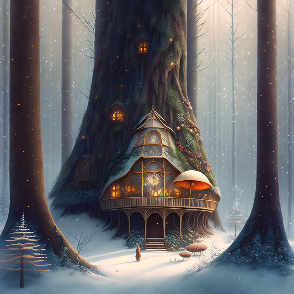 Enchanting Snowy Forest Treehouse with Glowing Windows